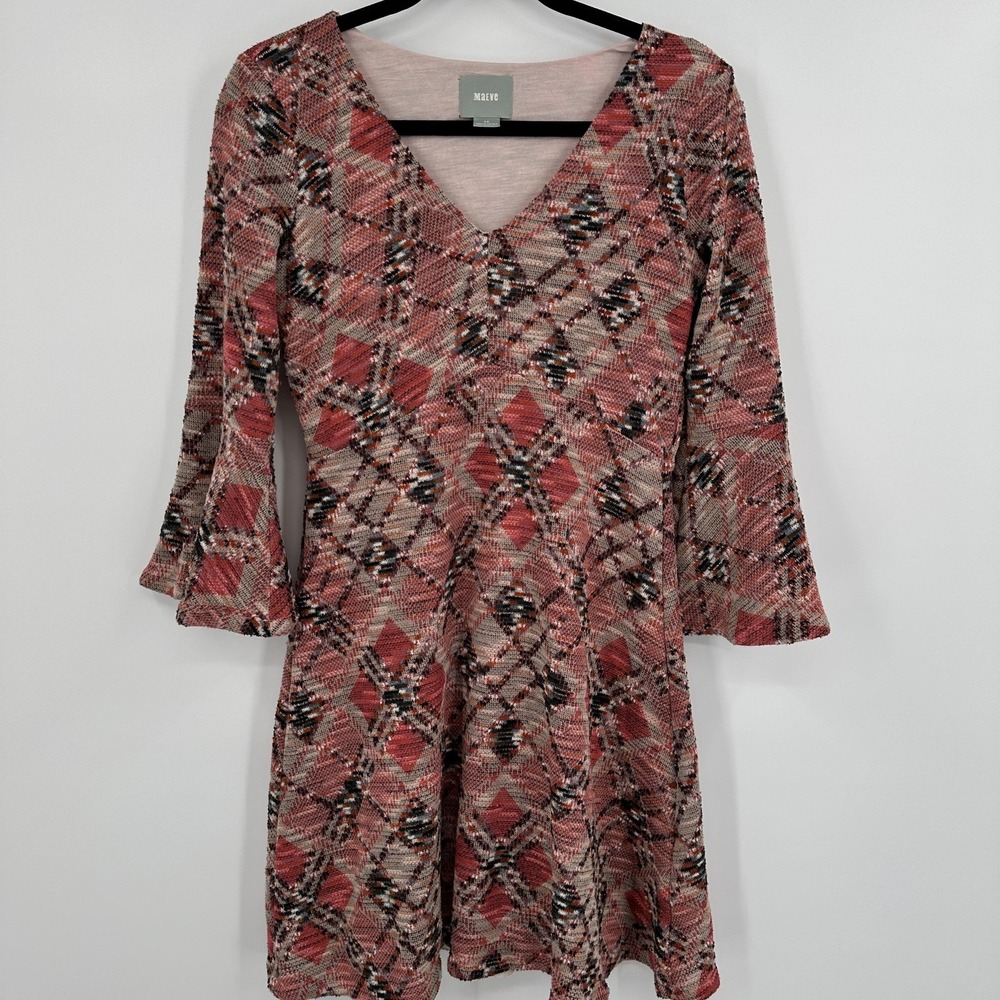 Maeve Dress Womens XS Pink Plaid Bell Sleeve V Neck Geometric Boho Fall Layering